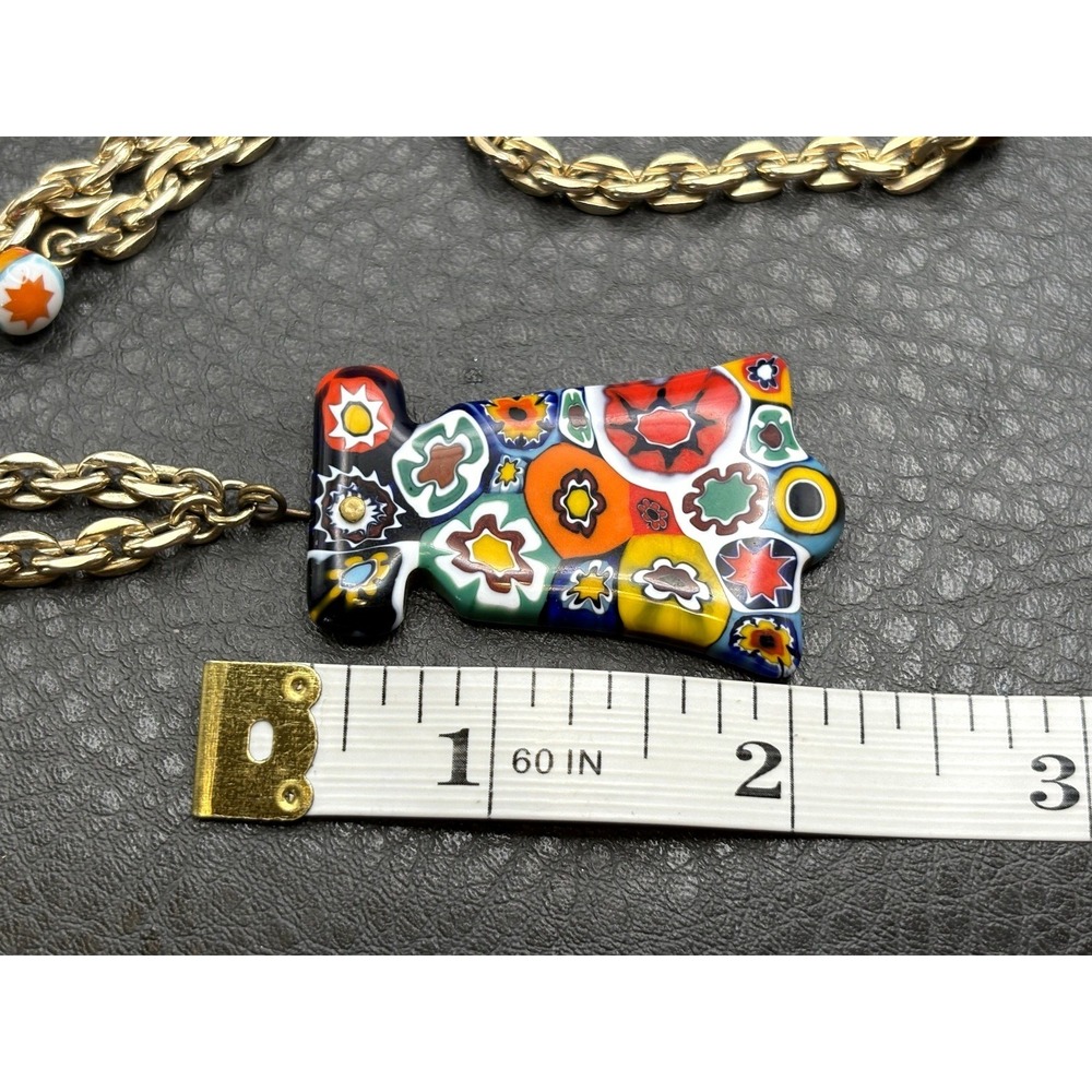 Vintage Millefiori Murano Large Pendant Necklace Gold Tone Chain 28" Long - Picture 11 of 12